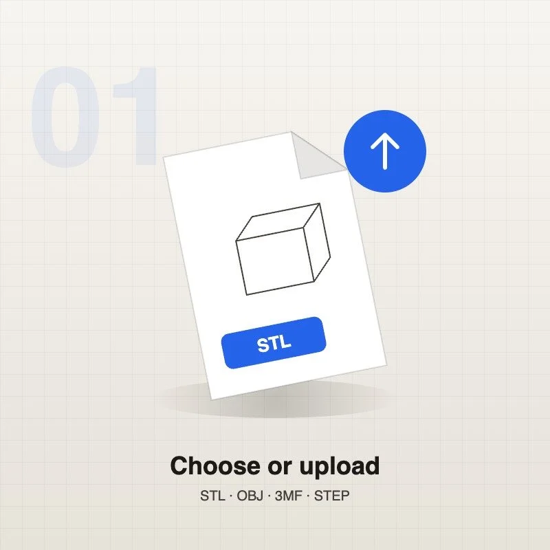 Digital interface showing an option to upload a 3D model file in STL format, with a simple line drawing of a cube and an upward arrow indicating upload.