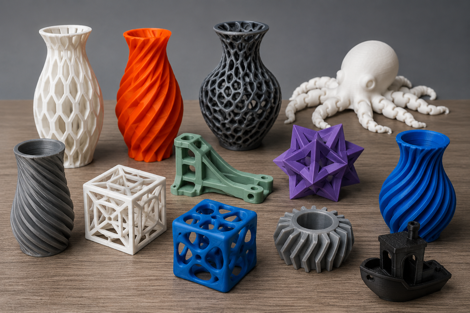 Collection of 3D-printed objects including vases, geometric shapes, and a small boat, made with various colors and designs on a wooden surface.