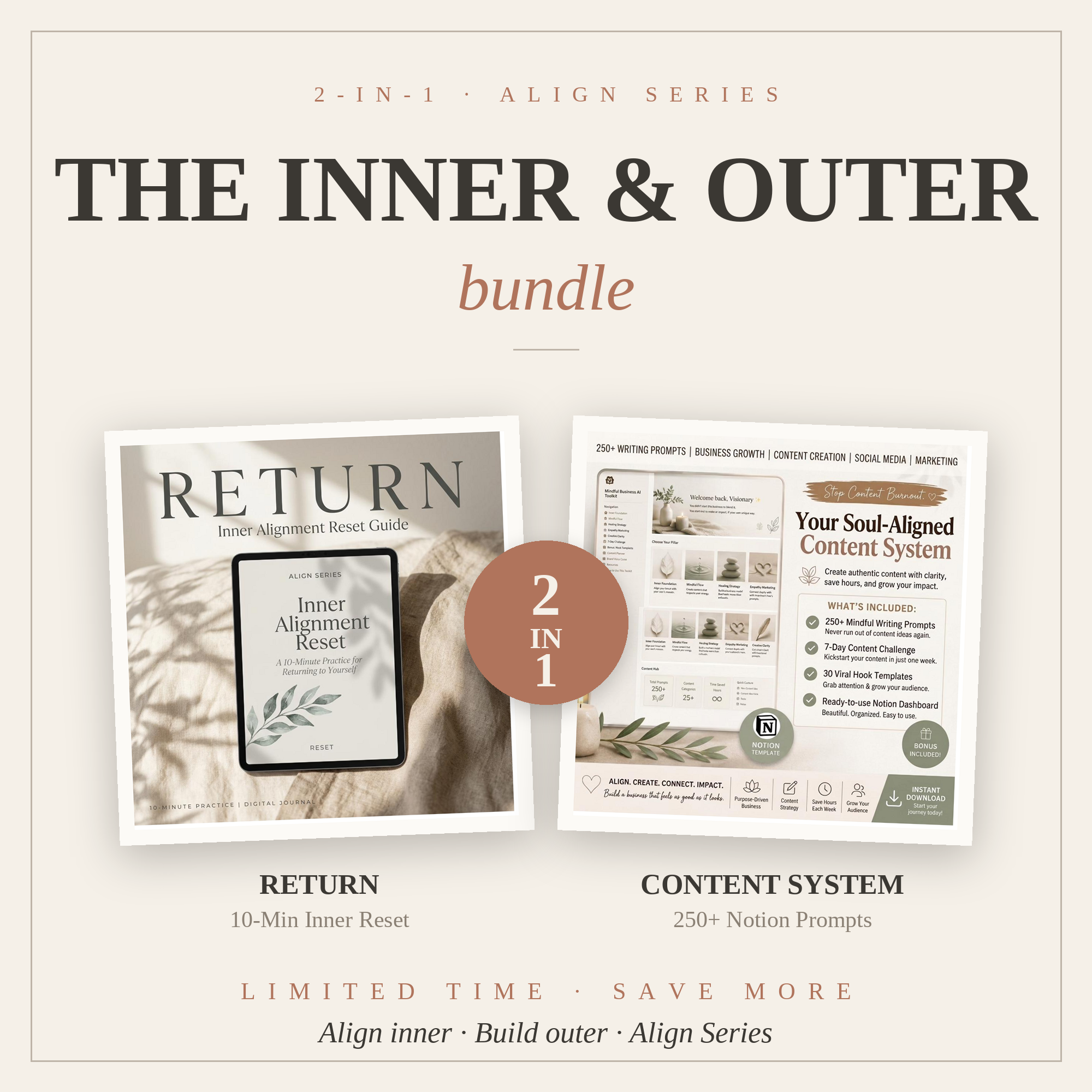 The Inner and Outer bundle cover — Return on the left, the 250+ prompt Notion content system on the right, marked 2-in-1