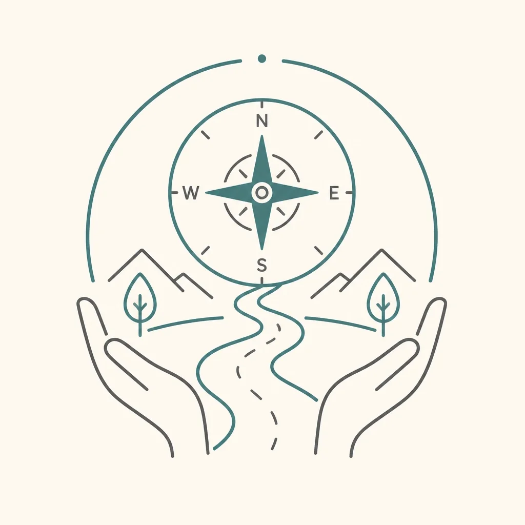A minimalist, linear graphic of a compass, symbolizing steady guidance and a clear path through NDIS support coordination.