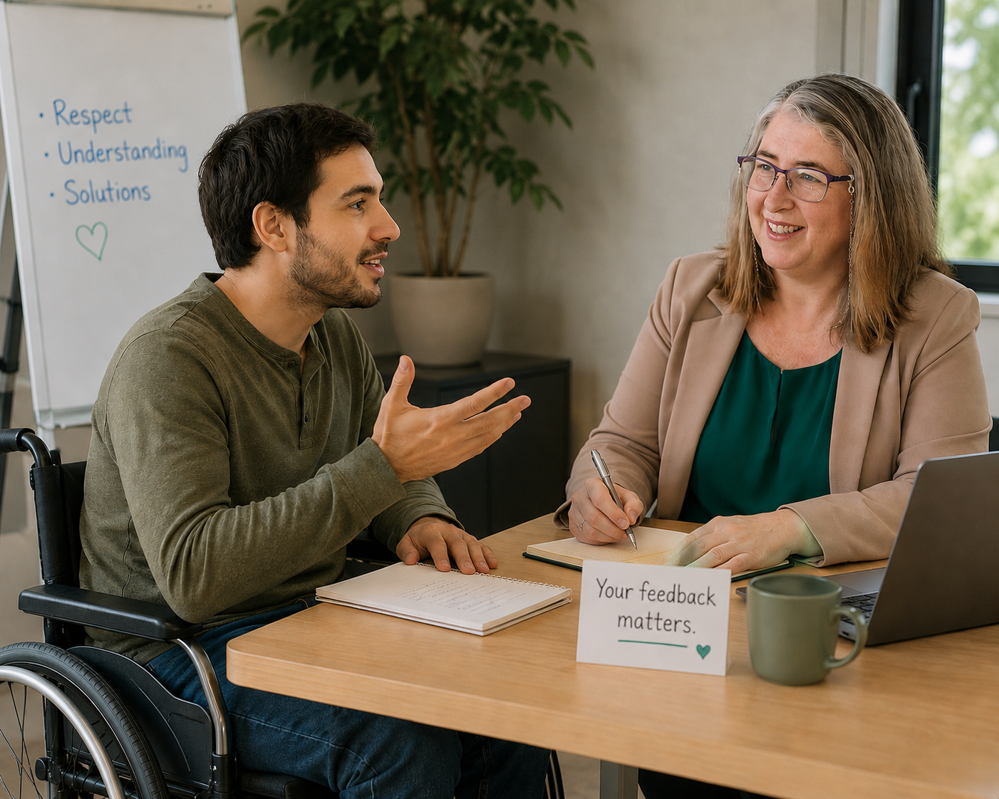 A man in a wheelchair having a conversation with Jenny at a table during a meeting, with a sign that says 'Your feedback matters' on the table.