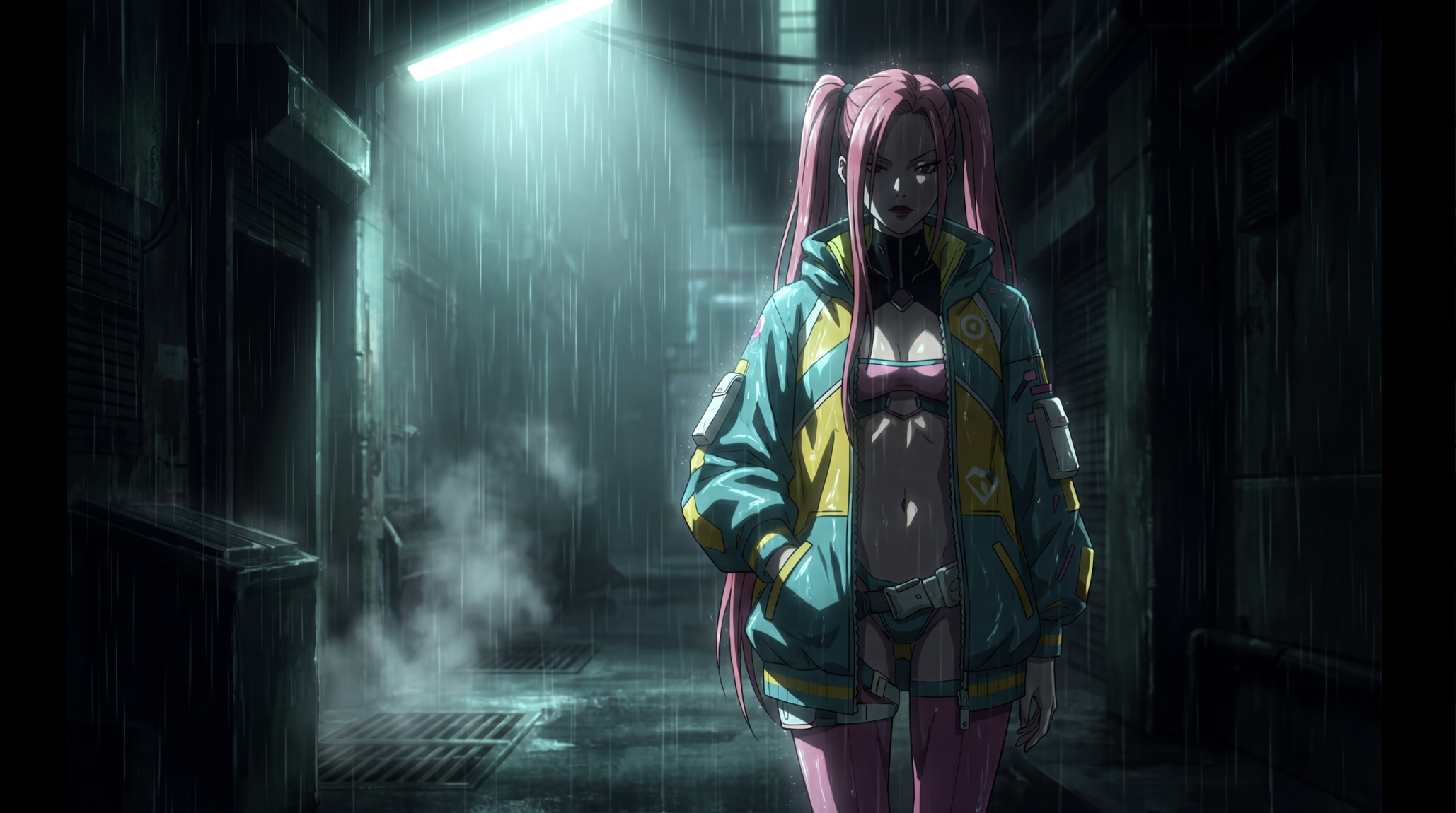 Anime-style girl with pink hair in pigtails, wearing a colorful jacket and shorts, walking in a rainy, urban alley at night.