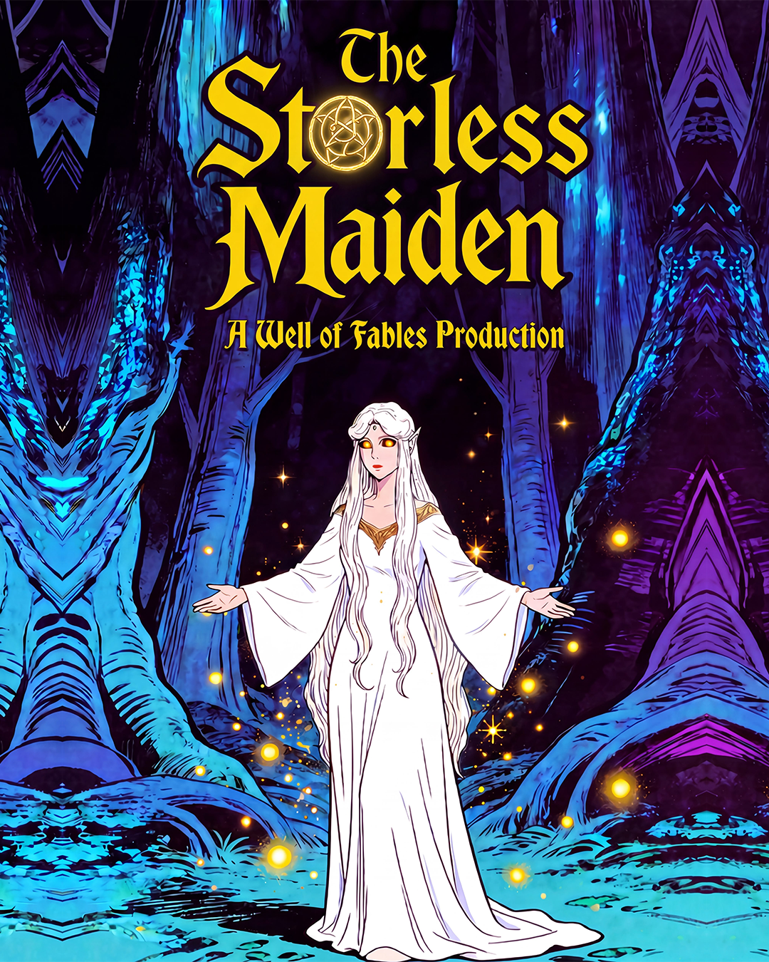 Illustration of a scene from 'The Storless Maiden' production. A woman with long white hair in a white gown stands in a mystical forest with glowing fireflies around her, and large blue and purple trees in the background.