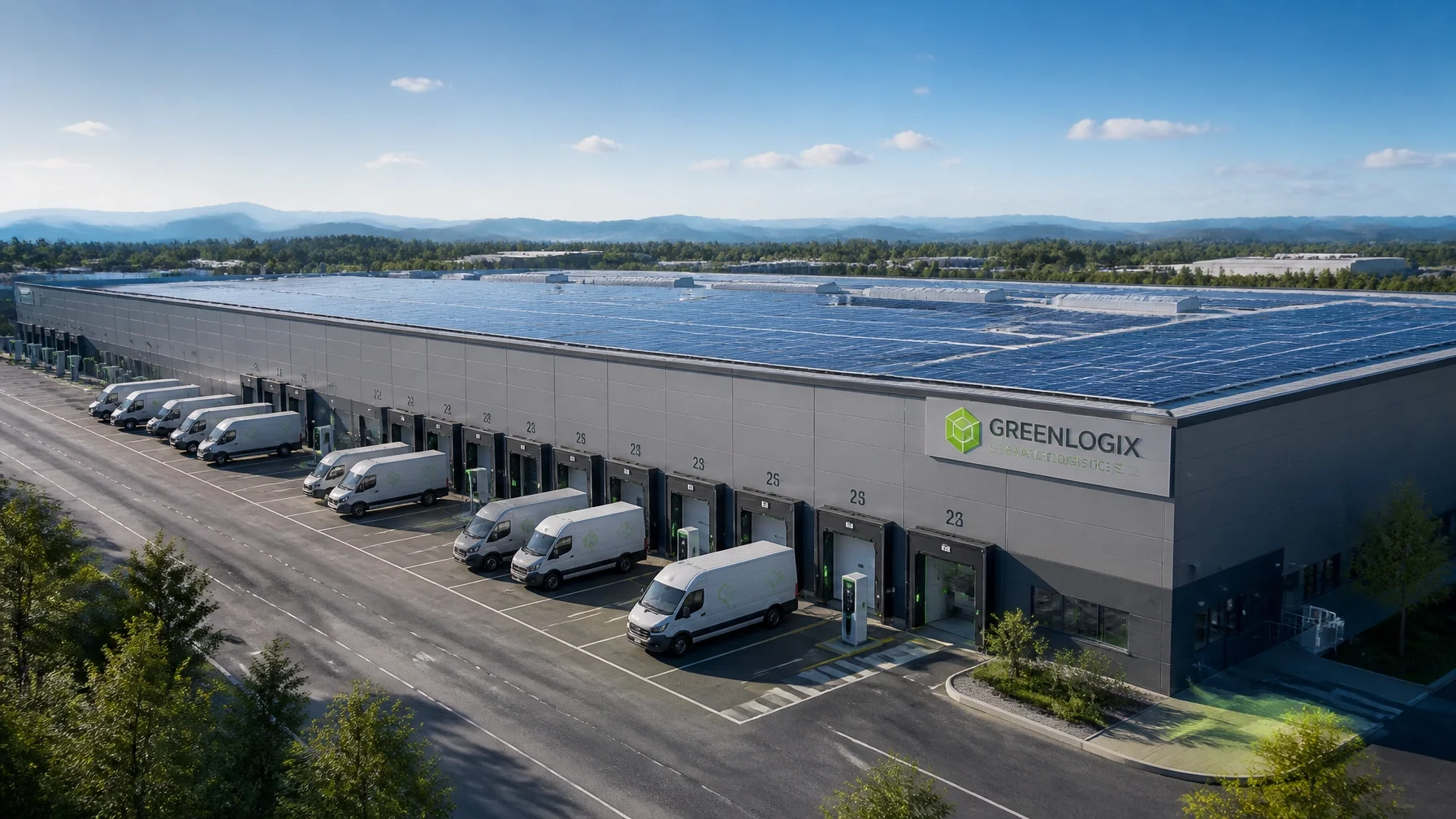 A modern logistics hub featuring vast rooftop solar arrays and electric vehicle charging stations, powered by renewable energy.