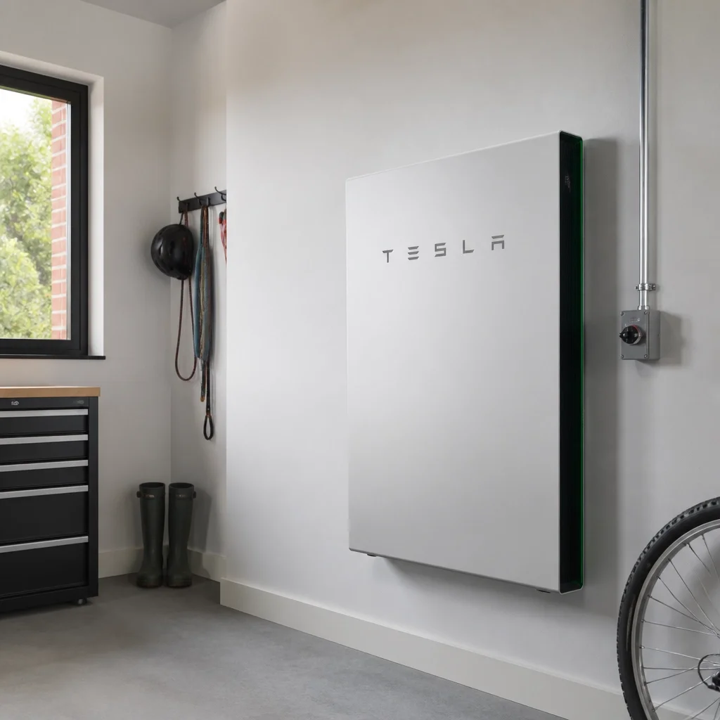 A modern, minimalist home battery storage unit mounted in a utility room.