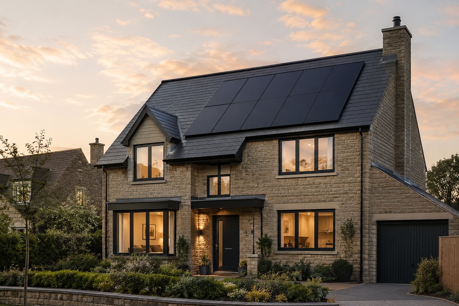 A sleek solar installation on a modern stone home, illustrating high-efficiency panels ready for winter light.