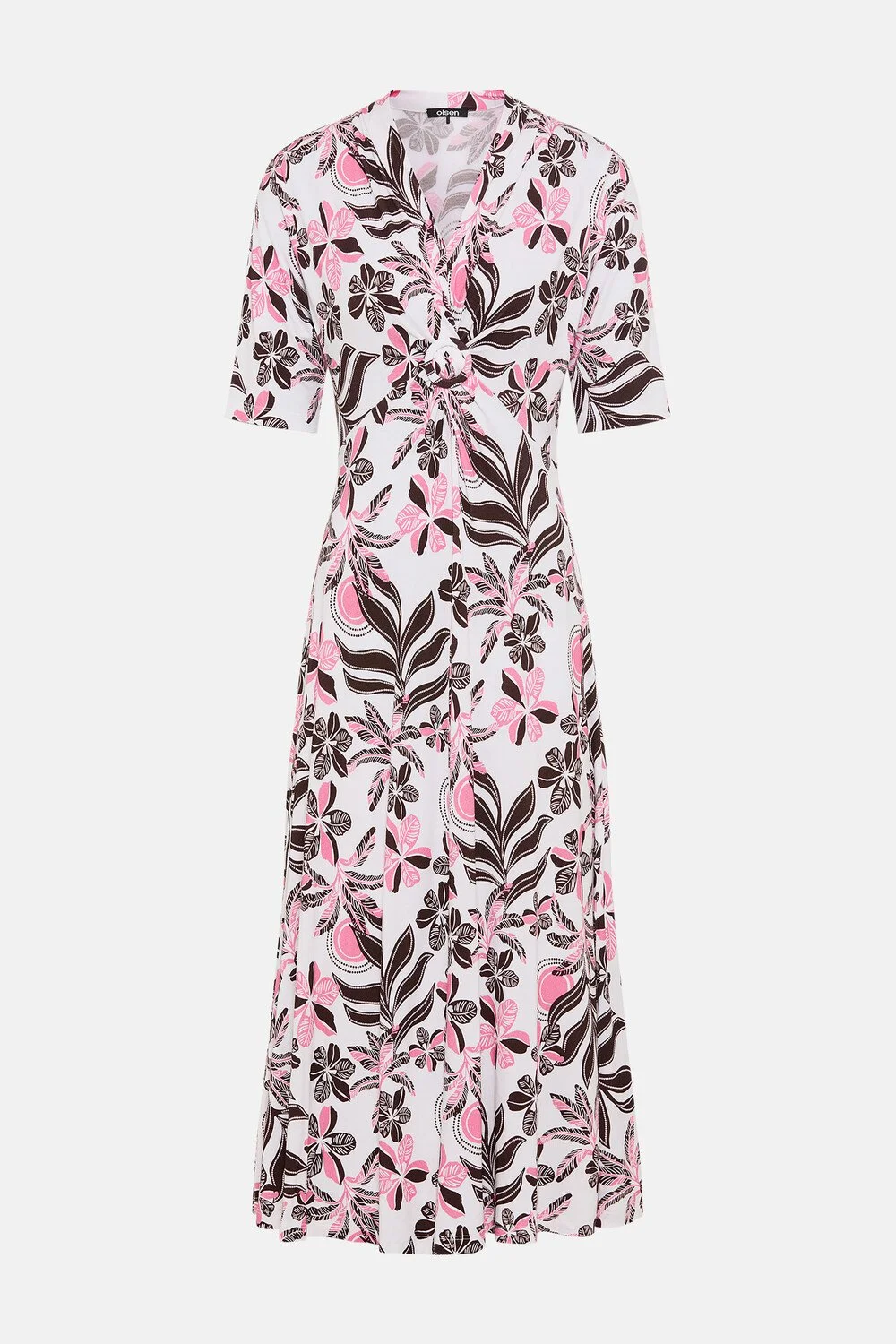 Langes, weißes Kleid mit pink und braunen Blumenmuster, mit kurzem Arm und Knoten vorne.