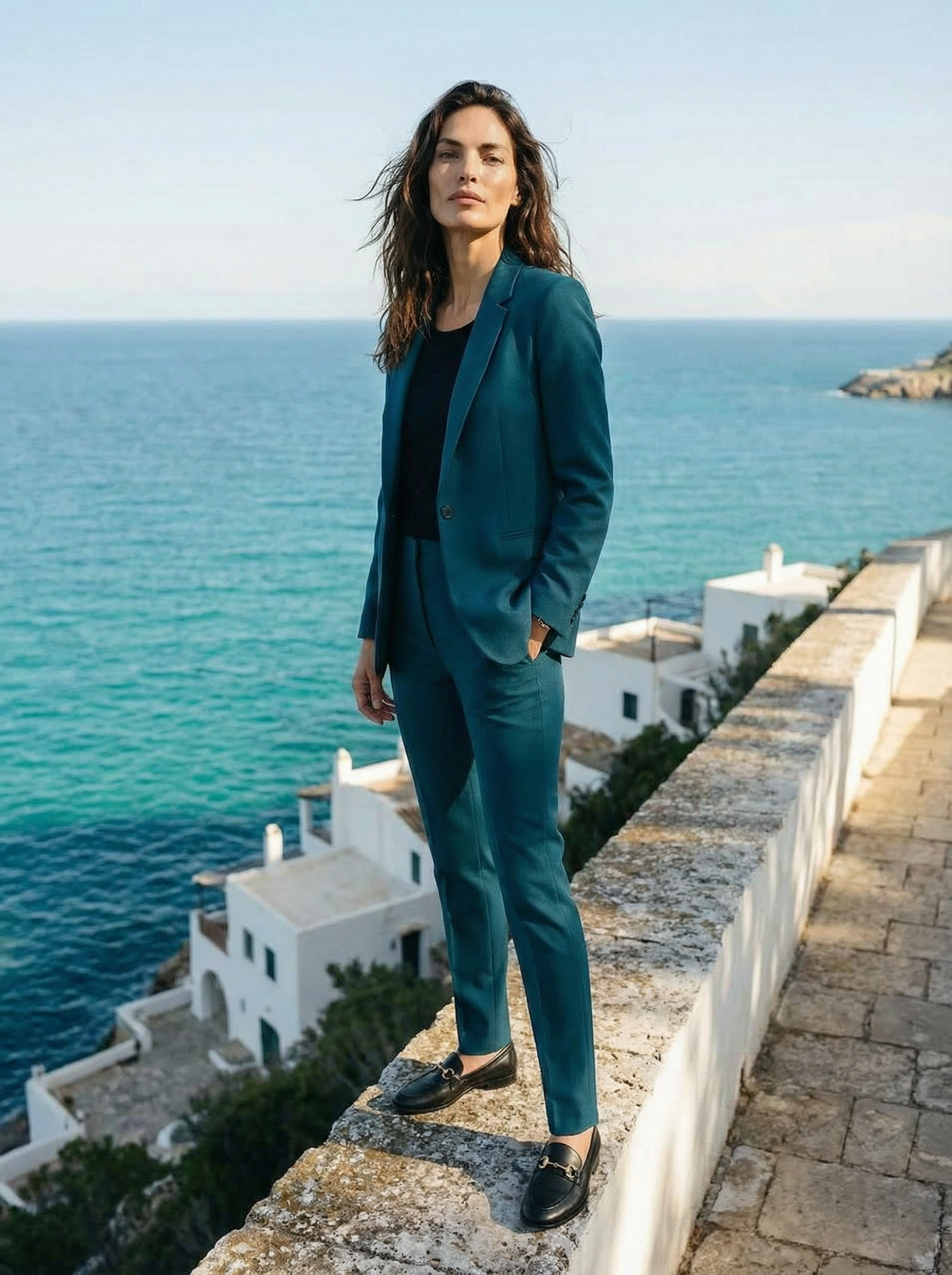Eine Frau in blauer Jacke und Hose steht auf einer Mauer an der Küste, mit Blick auf das Meer und einen kleinen Ort im Hintergrund. ki generiert.