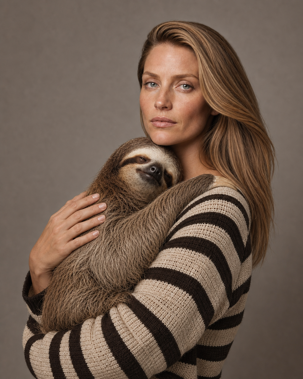 Generated with Kive.ai - Studio portrait against a plain warm grey backdrop_ soft even lighting. A woman with sleek_ side-parted honey-blonde hair_ pale blue-grey eyes_ and a calm_ deadpan expression looks directly into the camera with an ai-2.png