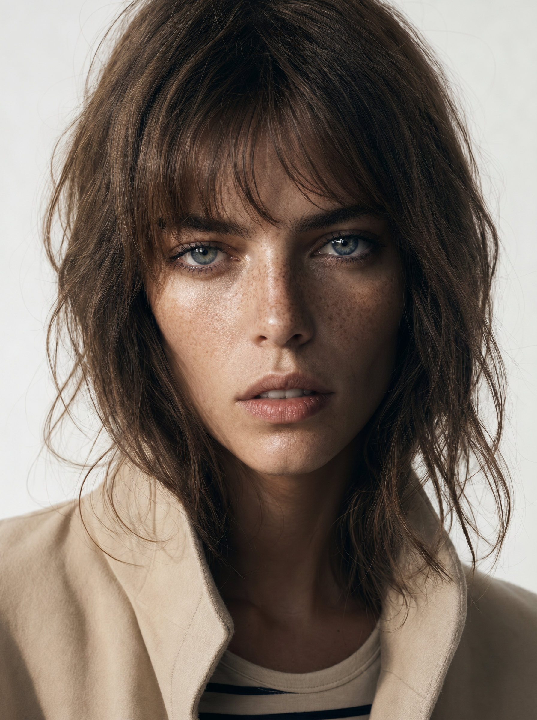 Nahaufnahme eines jungen Frau mit blauen Augen, brauen Haaren und Sommersprossen, trägt eine beige Jacke und ein gestreiftes Oberteil. ki generiert.