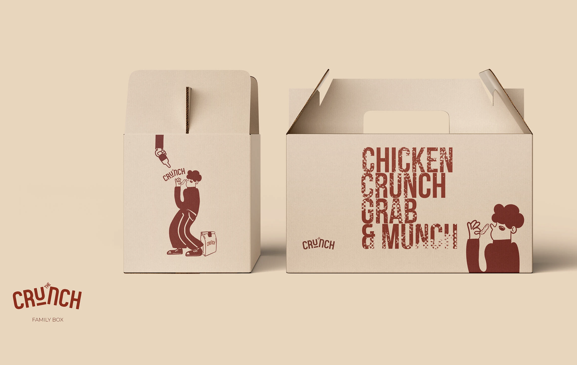 I developed the brand identity for KRUNCH, a contemporary food concept defined by its bold personality and playful visual language. The branding centers around a distinctive illustrated character, designed to bring humor and approachability to the br