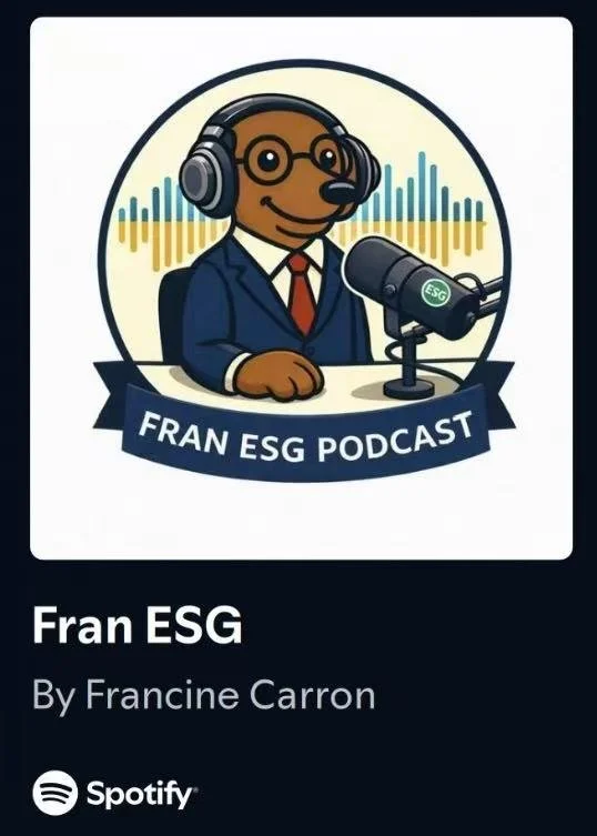 Logo of Fran ESG Podcast featuring a cartoon character with glasses, headphones, and a suit, sitting at a microphone, with a background of audio waveforms.