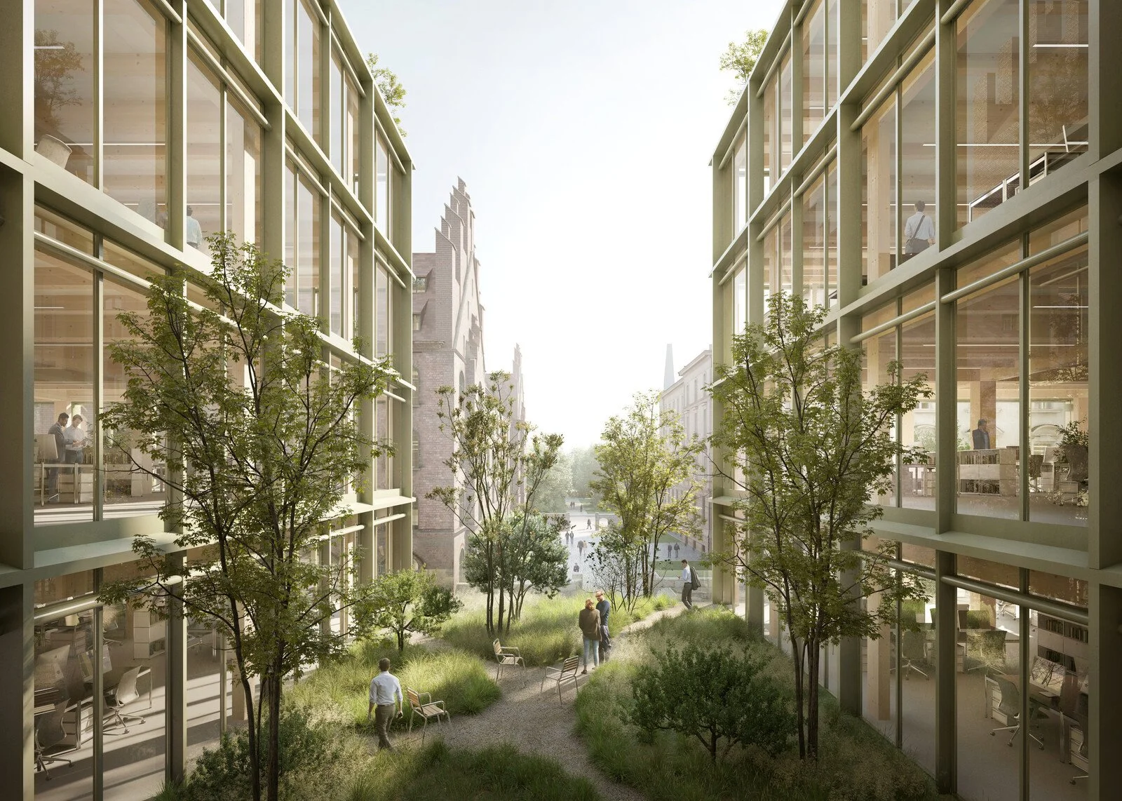 Architectural visualisation of a planted public space at the Schützenstraße development in Munich.