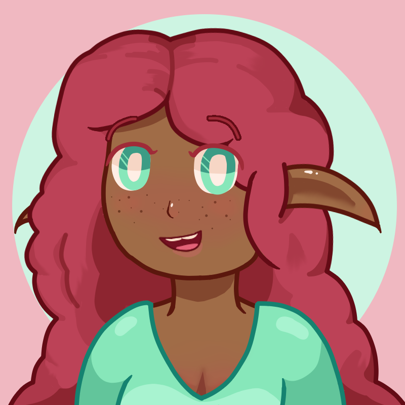 Avatar of Hollosou, showcasing a dark skinned freckled lady with large teal eyes, a teal dress, red-magenta curly hair and large drooping elf ears. Behind her is a pastel blue-green circle enclosed by a pastel pink square for a simple background.