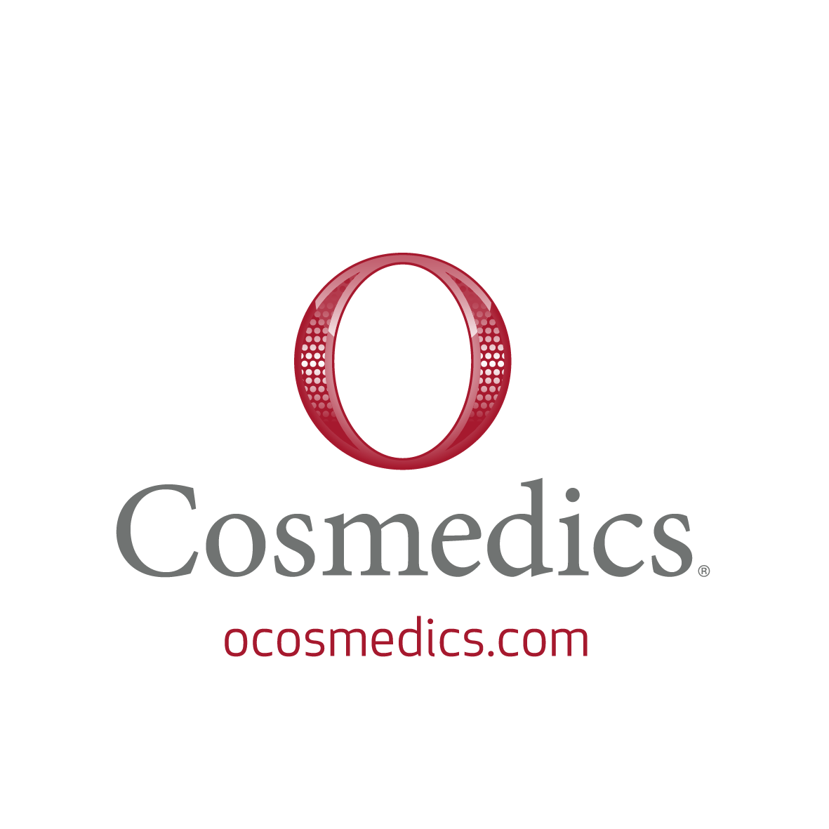 O Cosmedics logo featuring a large red oval with a dotted pattern, gray text reading 'Cosmedics', and red text 'cosmedics.com' below.