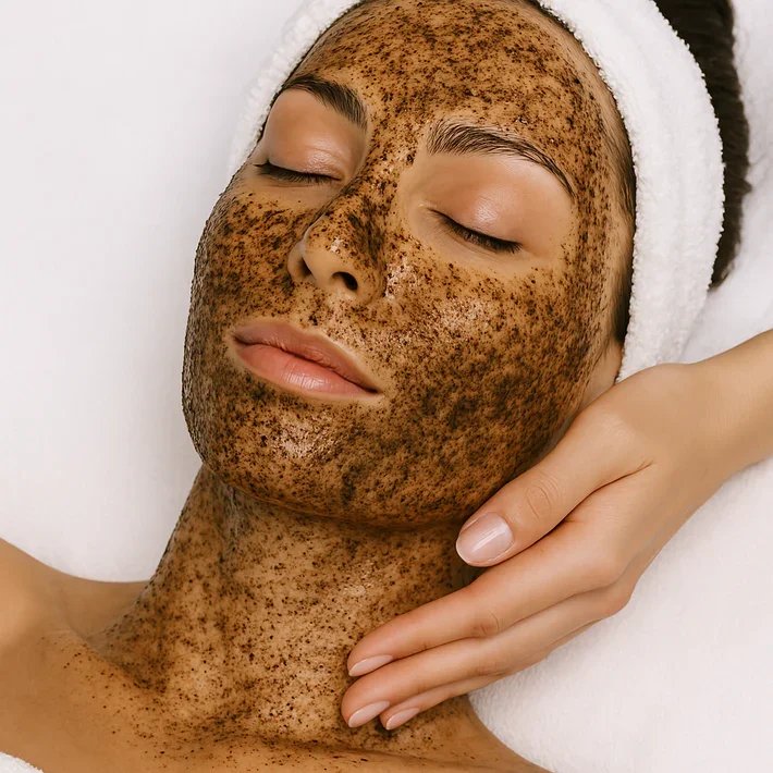A woman receiving a facial massage at a spa, with her eyes closed and a towel wrapped around her head, lying on a white spa bed.