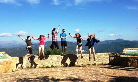 Six people standing on a stone ledge outdoors with mountain views in the background, holding hands and jumping in the air.