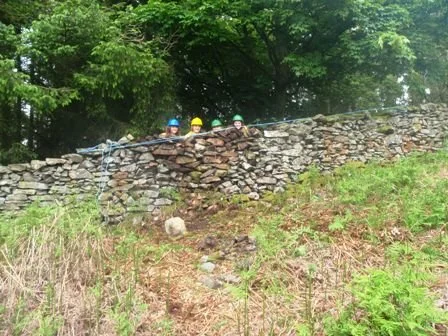 Four construction workers wearing hard hats working behind a stone wall in a wooded area.