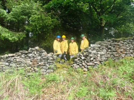 Four people wearing yellow jackets and helmets standing on a stone wall in a wooded area.