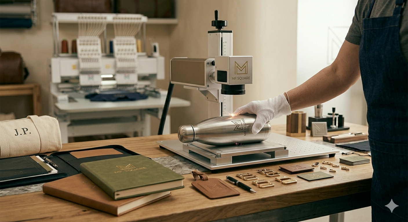 Person in a gray shirt and blue apron using a laser engraver to etch a logo onto a stainless steel water bottle in a workshop. The table contains notebooks, pens, and swatches, with storage shelves and embroidery machines in the background.