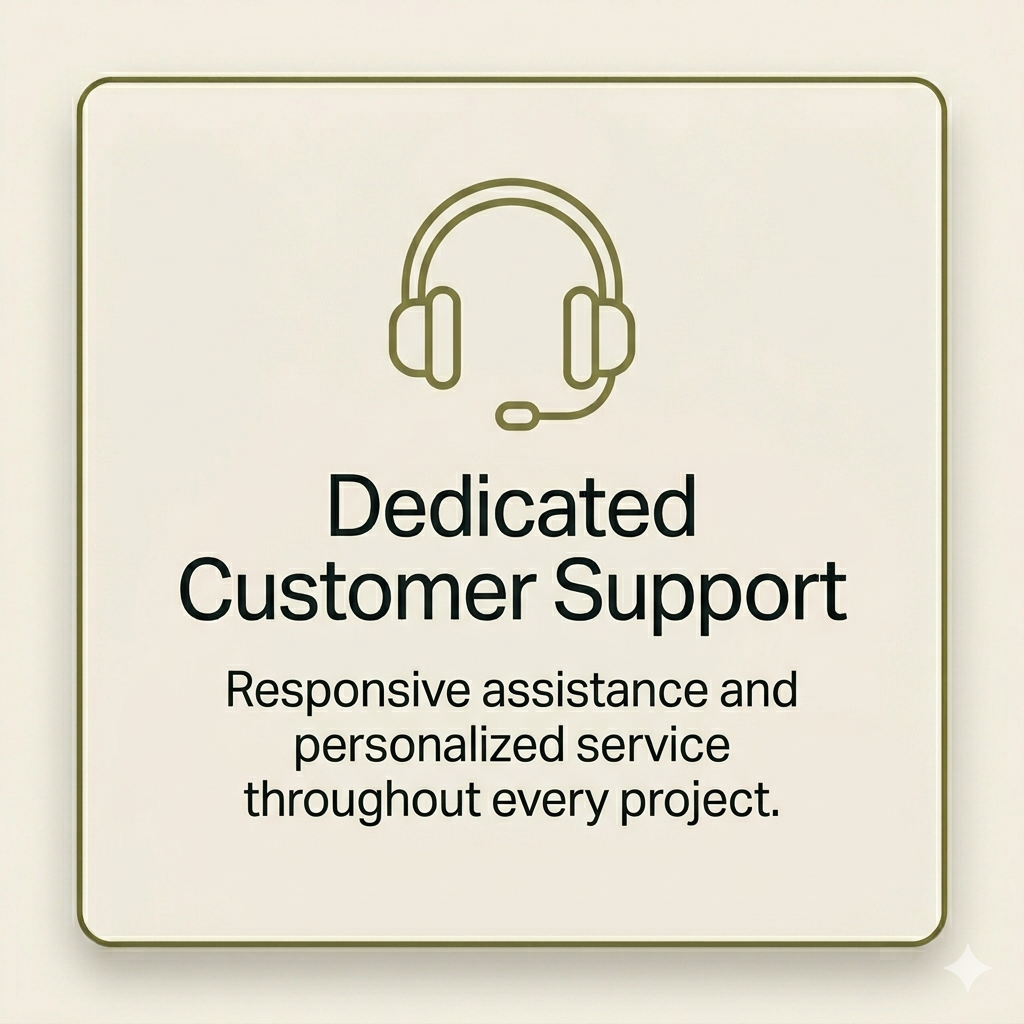 Sign with headset icon and text about dedicated customer support, responsive assistance, and personalized services.