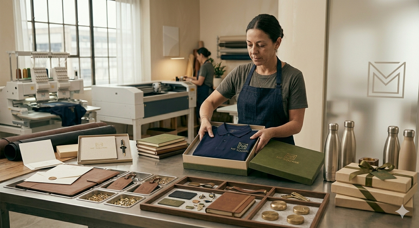 A woman organizing branded merchandise such as shirts, notebooks, and accessories at a craft or gift shop with embroidery machines in the background.