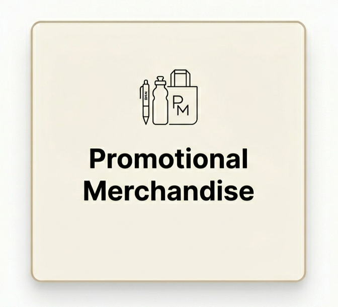 Illustration of a promotional merchandise set including a pen, water bottle, and tote bag with the letters P and M.