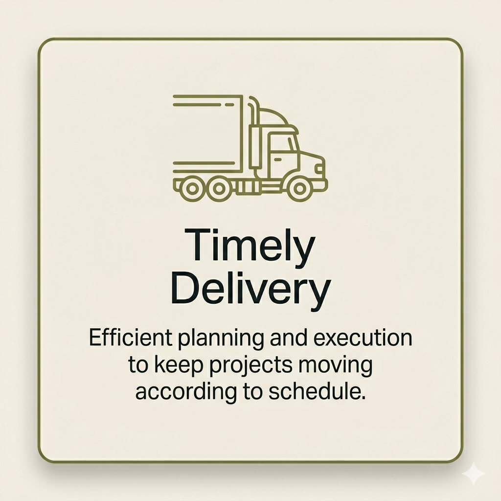 Sign with a truck icon and the words "Timely Delivery" and a description about efficient planning and execution to keep projects moving according to schedule.