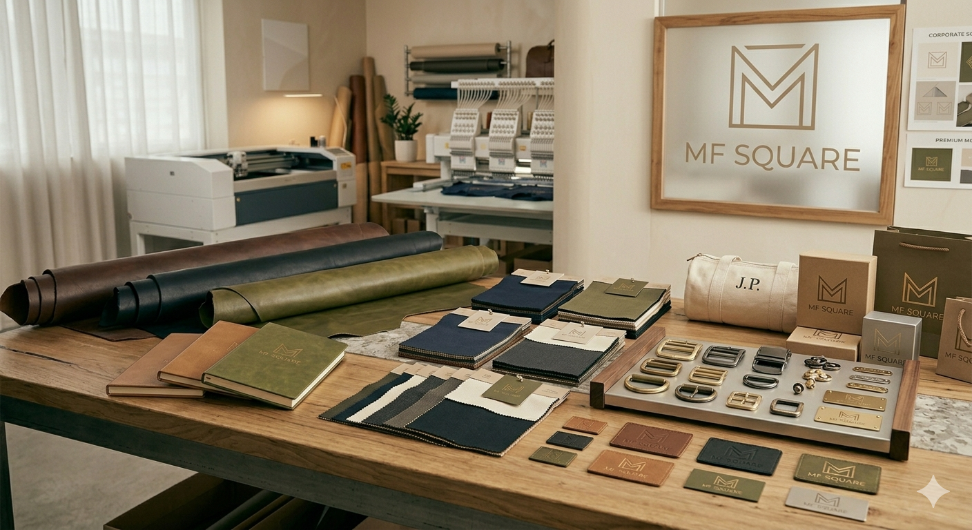 Display of fabric swatches, samples, and accessories at MF Square showroom, with a large sign showing the Company logo and name on the wall.