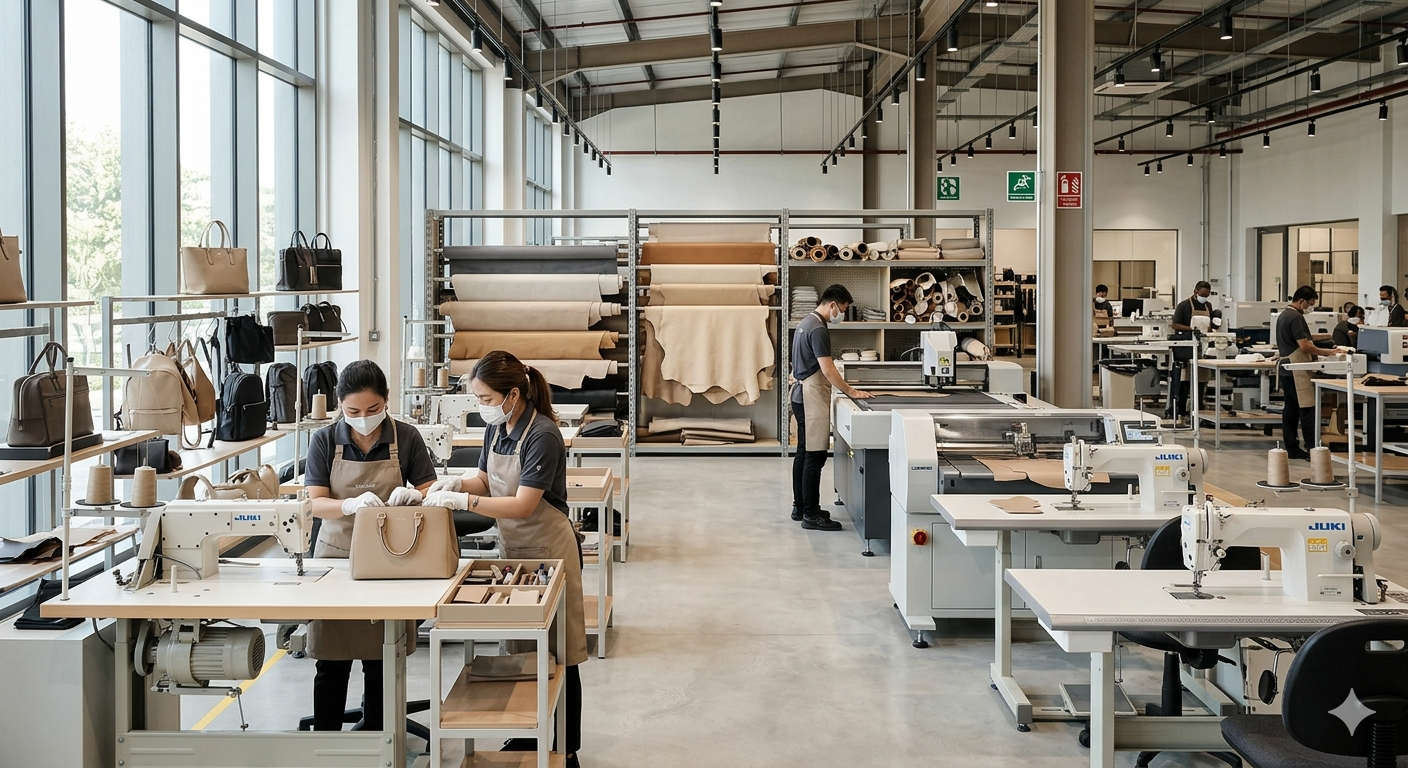 Factory or workshop with workers assembling handbags, surrounded by fabric rolls, sewing machines, and bags on display.
