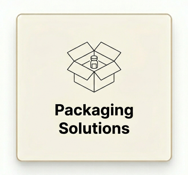 An icon of an open box with a bottle inside above the text 'Packaging Solutions' in bold black letters.