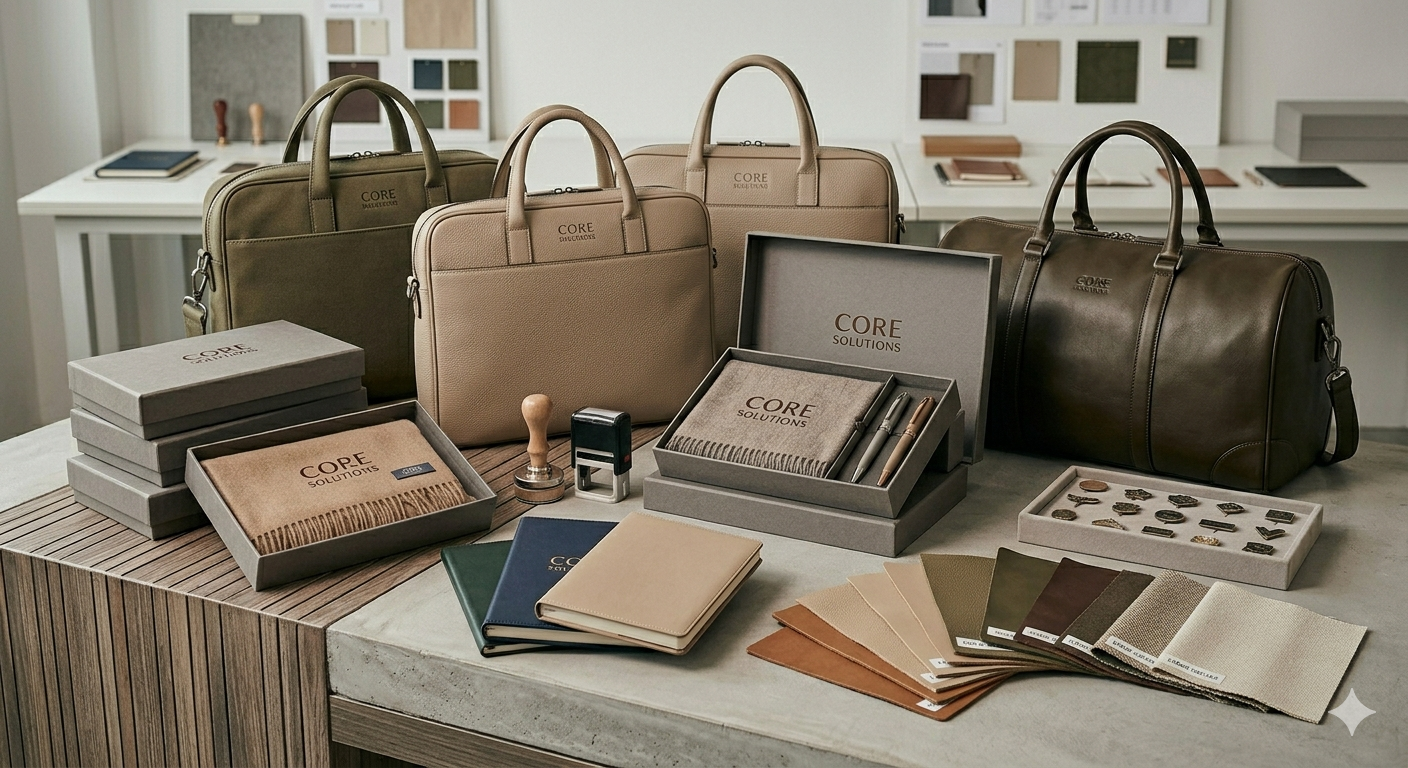 A display of leather bags, notebooks, pens, fabric samples, and accessories on a table in a showroom.