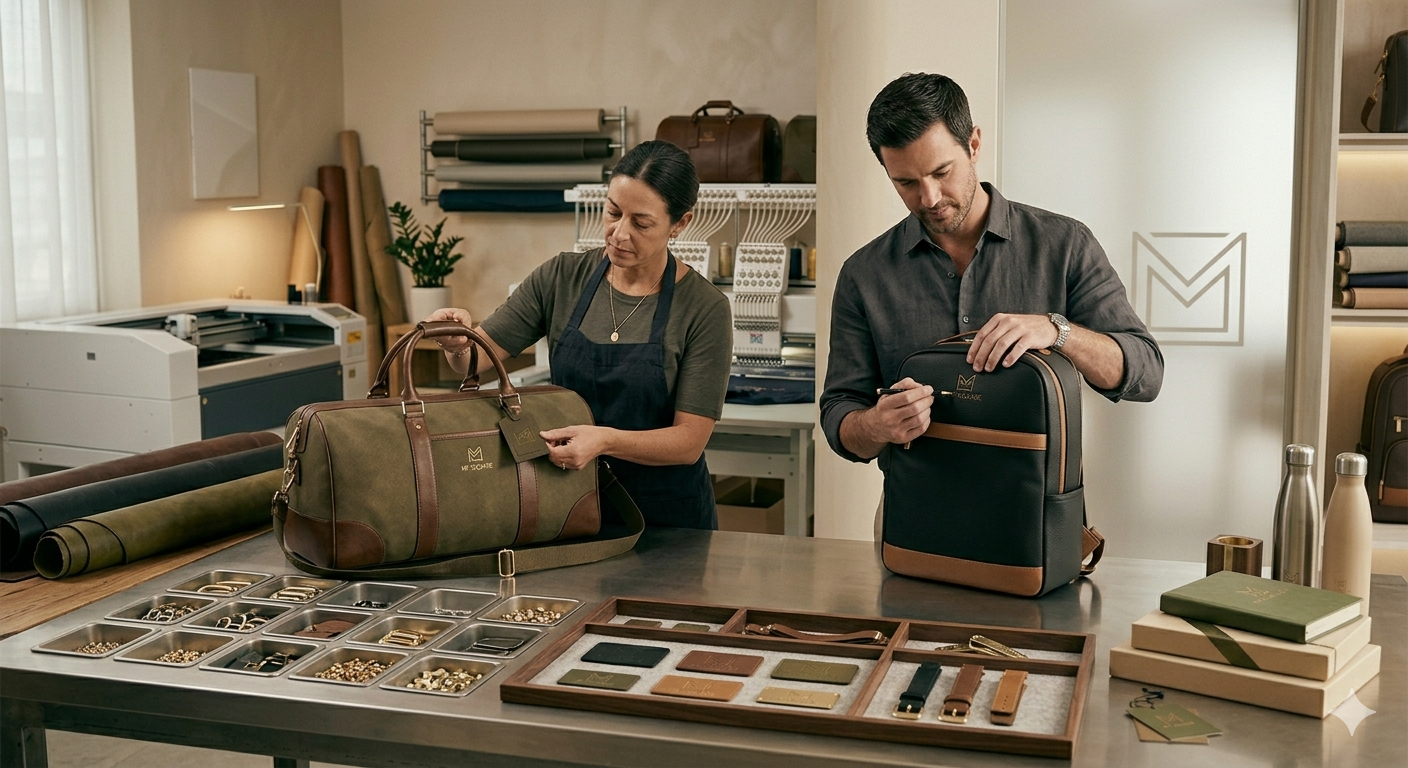 A woman and a man are in a workshop or boutique, packing personalized bags. The woman is handling a green and brown bag, while the man is preparing a black and brown bag. The table is spread with various small boxes, fabric swatches, and accessories.