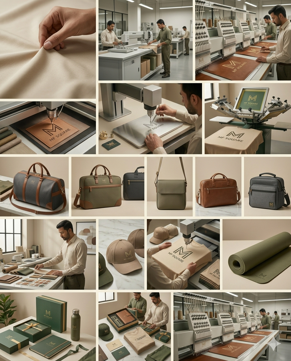Manufacturing process of leather bags, including fabric selection, sewing, embroidery, printing, assembly, and packaging, with various bags and accessories displayed.