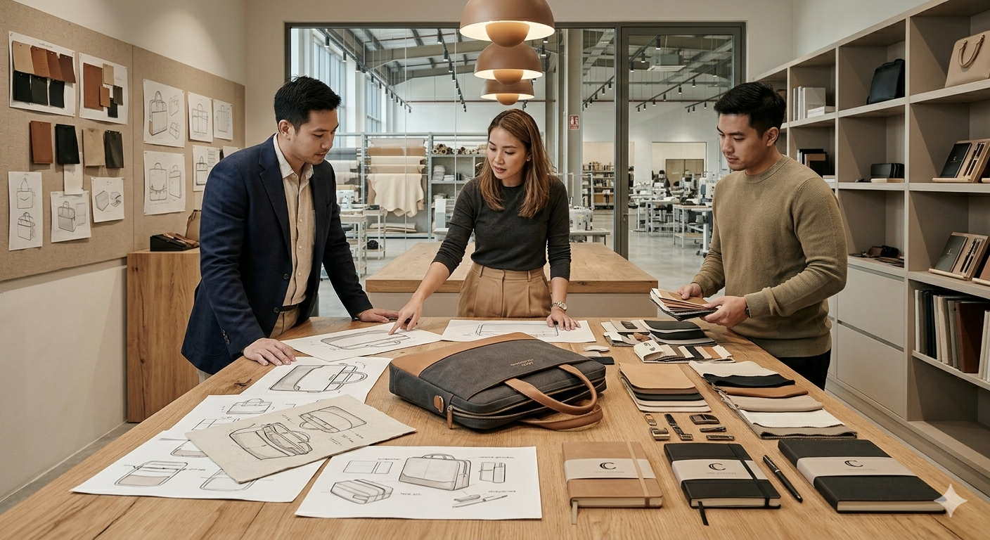 Three designers collaborate on sketches of bags and accessories on a large table in a modern workspace.