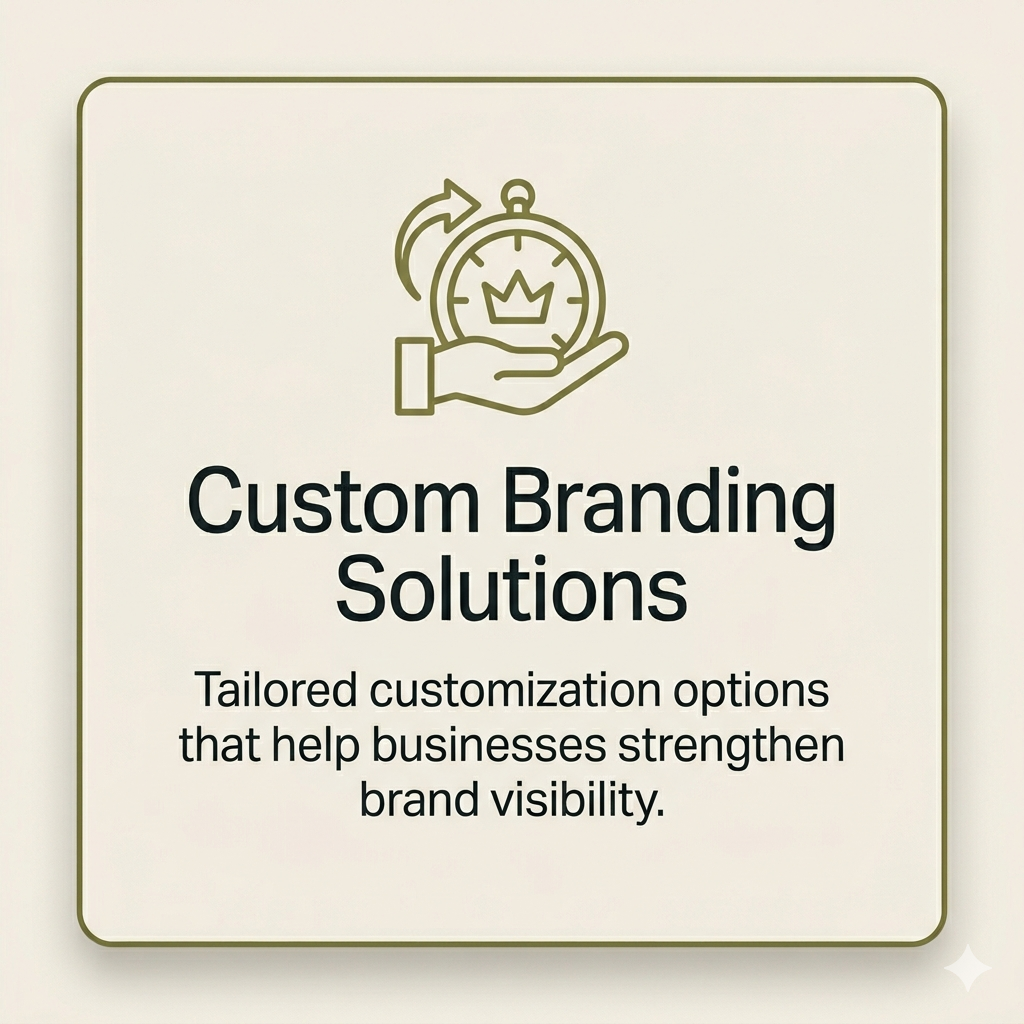 Sign promoting custom branding solutions with an icon of a hand holding a stopwatch with a crown in the center, emphasizing branding and time.