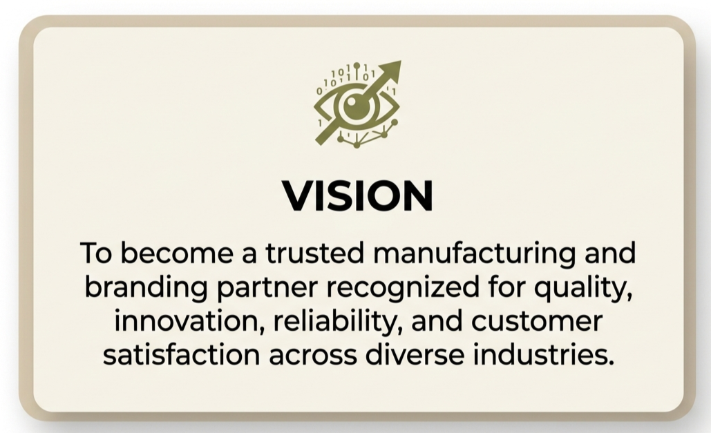 Company vision statement emphasizing trust, quality, innovation, and customer satisfaction in manufacturing and branding across industries.
