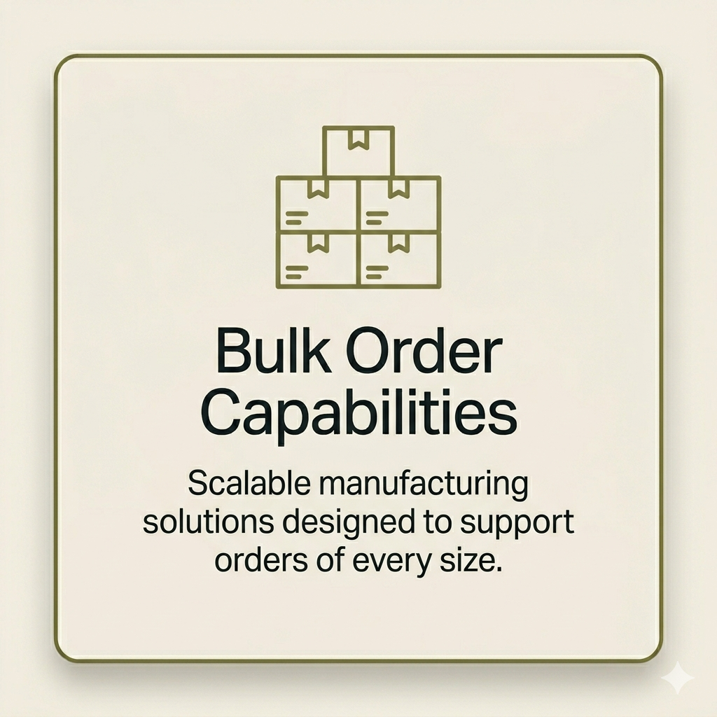Sign promoting bulk order capabilities with an icon of stacked boxes and text about scalable manufacturing solutions for support of orders of every size.