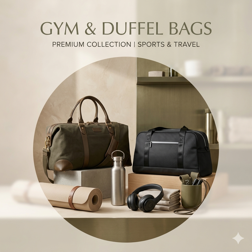 Display of gym and duffel bags along with a yoga mat, stainless steel water bottle, headphones, towel, and a container, on a table with the text "Gym & Duffel Bags" above.