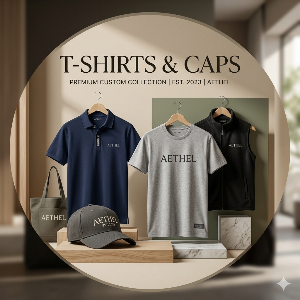 Display of T-shirts, caps, and a tote bag with the brand name AETHEL at a retail store.