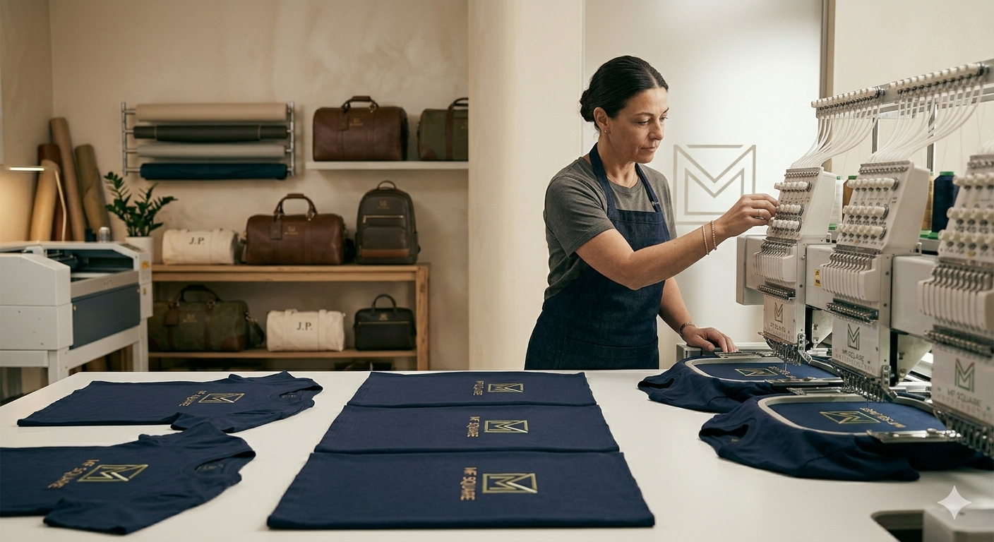 A woman working with embroidery machines in a workshop with navy blue fabric items and bags on a table.