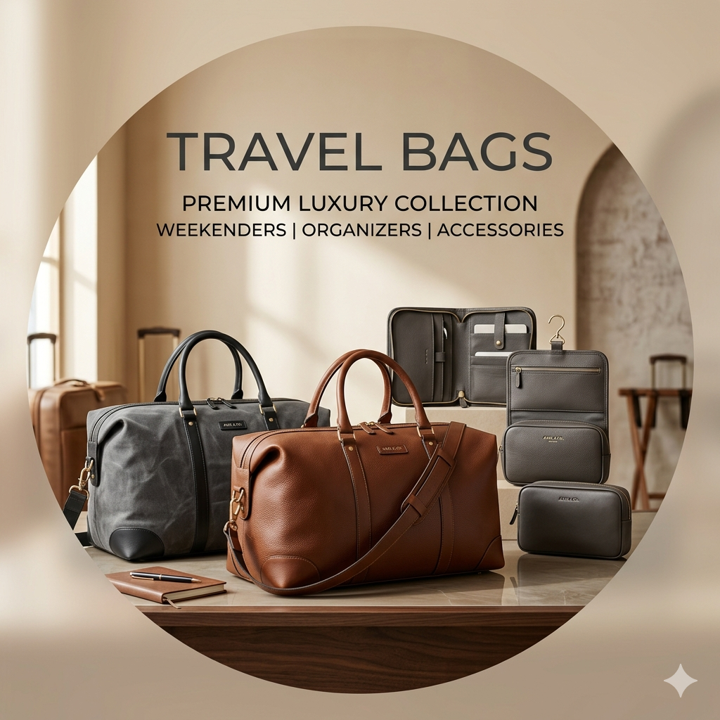 Display of luxury travel bags, including leather and fabric duffel bags and organizers, in a boutique store.