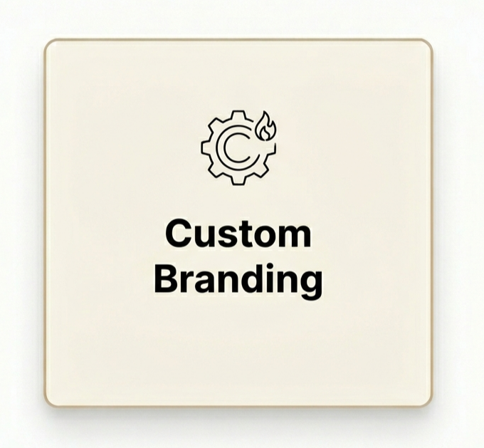 A wall sign with a gear and flame icon and the text 'Custom Branding' in bold black letters.