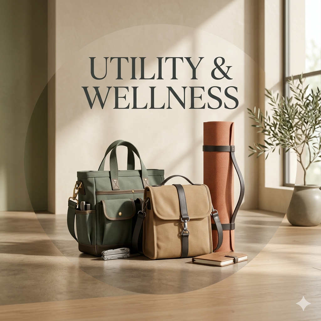 Travel bags and yoga mat on wooden floor near window with plant and sunlight, with the text "Utility & Wellness" overlayed.