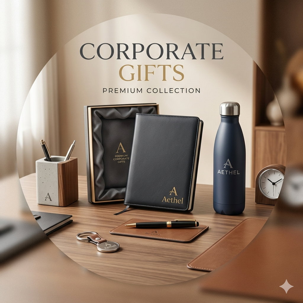Desk with corporate gift items including notebooks, a water bottle, a keychain, pens, and a pen holder, all branded with 'Aethel'.
