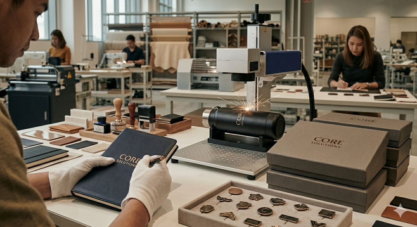 People working in a jewelry workshop with tools, jewelry pieces, and boxes on the table.