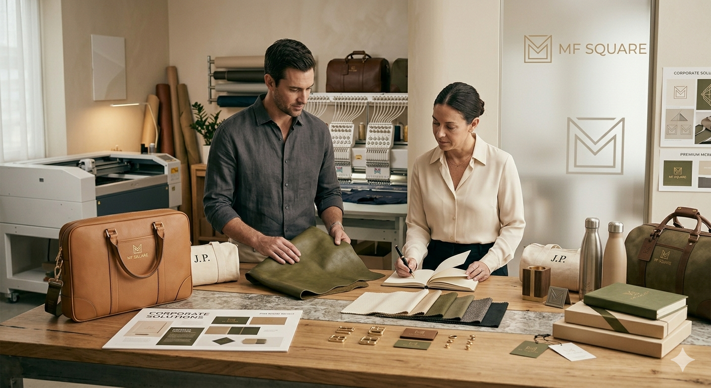 Two individuals at a table discussing fabric samples and leather swatches, with bags, water bottles, and design materials, in a modern workspace.