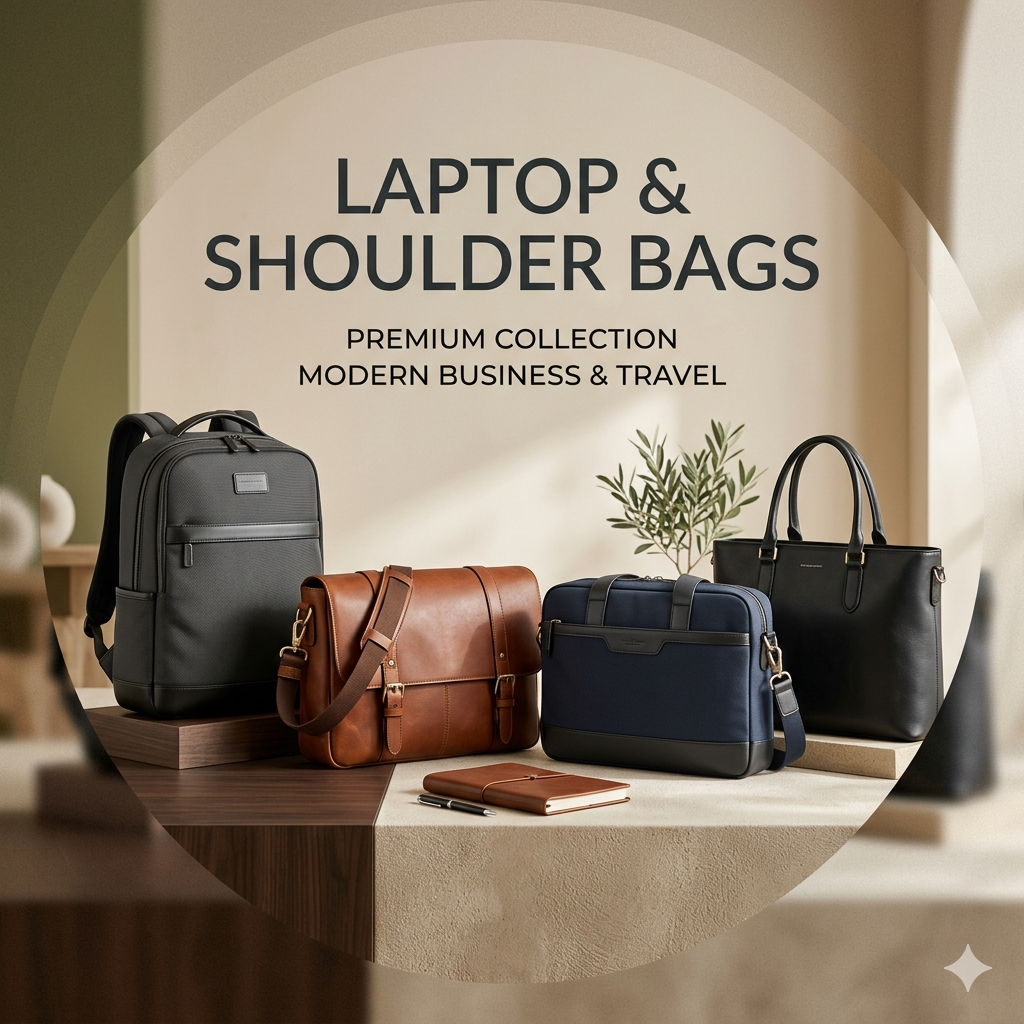 Display of four different laptop and shoulder bags in black, brown, navy, and black with a potted plant behind on a beige surface with a notebook and pen in front.
