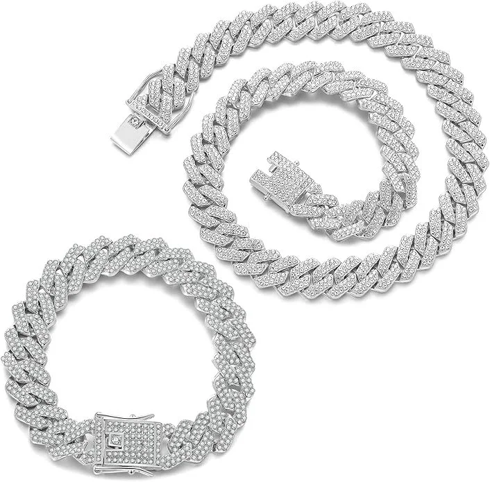 White Gold Cuban Link Chain And Bracelet Set