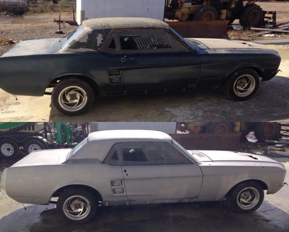 Comparison of two vintage cars, with the top image showing a black car and the bottom image showing a white car, both appear to be in a salvage yard or storage area.